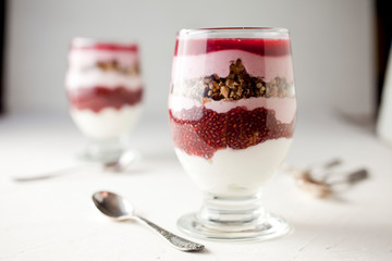 Homemade dessert with yogurt and raspberries