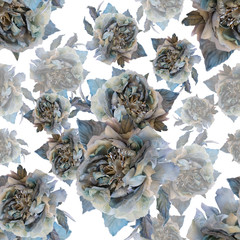 Flowers seamless pattern natural silk roses. Renaissance texture for textiles. Background of vintage roses. Print for textile. Soft focus, toned image.
