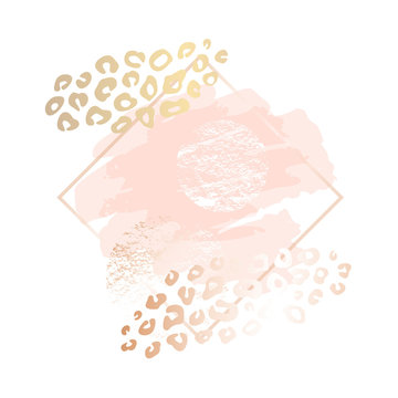 Golden leopard skin pink art frames. Modern card design, brush stroke, gold, premium invitation template. Pastel rose colors brush strokes, pink gold contour square frame. Abstract background.