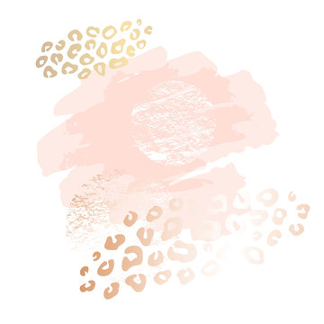 Golden leopard skin pink art frames. Modern card design, brush stroke, gold, premium invitation template. Pastel rose colors brush strokes, pink gold contour square frame. Abstract background.
