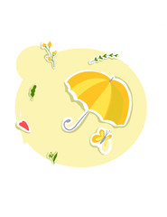 Spring and summer. Work in the garden. Yellow umbrella. heart. Butterfly. greens, flower