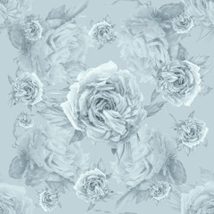 Flowers seamless pattern natural silk roses. Texture for textiles. Background of vintage roses. Rococo print for textile.Soft focus, toned image.
