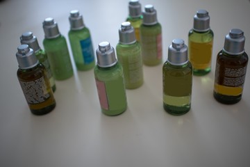 shampoo bottles on white background