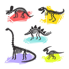 Vector dinosaur skeleton set diplodocus, triceratops, t-rex, stegosaurus, parasaurolophus. Color crystal illustration. For  logo, card, T-shirts, textiles, web. Isolated on white background.