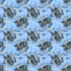 Seamless floral pattern with silk gray and blue roses. Flowers  pattern on a blue background. Backdrop with flowers of roses. Print for textile or wall-paper. Soft focus. Toned image.