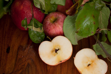 Red organic  apples with leaves