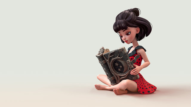 3d illustration of a cartoon young brunette girl sitting with legs crossed on the floor and reading an interesting large magic book. Surreal image of a curious girl reading spells from a giant book.