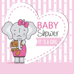 Baby girl shower card. Cute elephant with teddy
