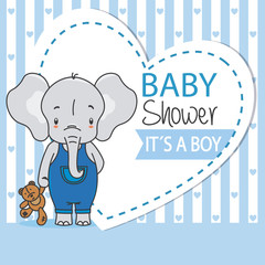 Baby boy shower card. Cute elephant with teddy