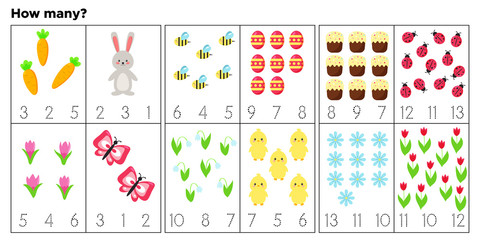 Cards for teaching preschool children. Count and write how many items. Vector Easter characters. Educational game. Cute Easter rabbit, chick, eggs, flowers and insects.