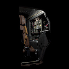 Science fiction pilot's seat in the cockpit. Futuristic spaceship cockpit. Old brown leather pilot seat with yellow safety belts. Sci-fi space fighter craft cockpit. Mech Pilot's seat. 3d rendering.