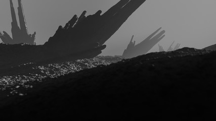 3d illustration of a fantastic alien landscape. Volumetric light illuminates a desert surface with strange rock formations. Close-up on the ground of an alien planet. Monochrome ski-fi background.