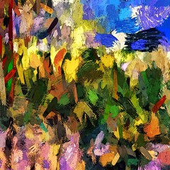 abstract psychedelic background with the texture of applying underpainting. Computer stylization of oil strokes of paint with brushes of different shapes and sizes