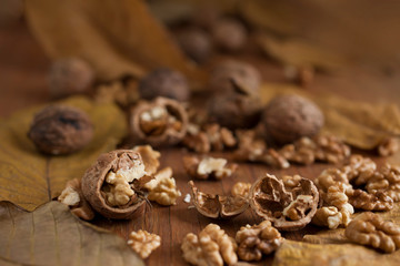 Walnuts on wooden background