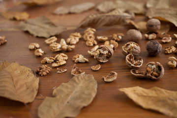 Walnuts on wooden background