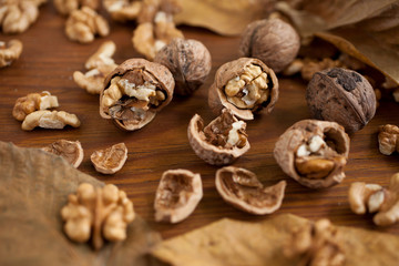 Walnuts on wooden background