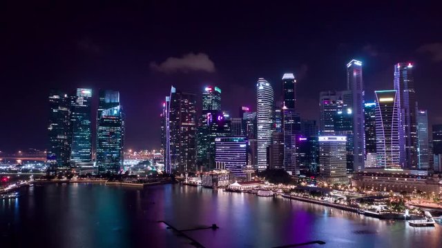 Singapore Central Business District At Night Drone Aerial Hyperlapse