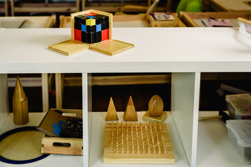 Toys and materials montessori in a classroom of a school for children
