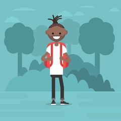 Young character walking in the woods. Backpacker. Travel. Flat editable vector illustration, clip art
