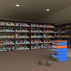 many books on bookshelf and glasses on table ,3D rendering