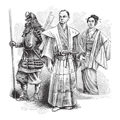 Japanese historical people / vintage illustration from Meyers Konversations-Lexikon 1897