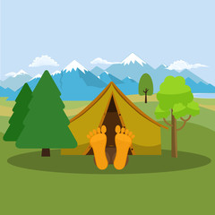 Camping weekend. Man is sleeping in a tent. Mountain peak and meadow landscape. Vector illustration.