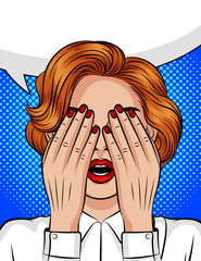 Color vector pop art style illustration of a girl with an open mouth covering her face with her hands. Emotions of fear, anger, pain, frustration. The girl's eyes closed in anticipation of a surprise.