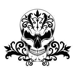 Vector image of a skull with tattoo pattern.  Black and white image on a white background.