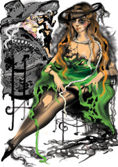 Fototapeta premium sexy woman in a broken green dress and broken stockings, sitting next to a mean looking witch, raster illustration over a white background