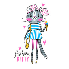 Fashion kawaii kitty. Vector illustration of a cat in fashionable clothes. Can be used for t-shirt print, kids wear design, baby shower card