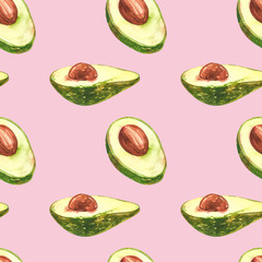 Avocado watercolor hand draw illustration isolated on white background. Seamless pattern of hand drawn avocado.