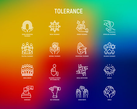 Tolerance thin line icons set: gender, racial, national, religious, sexual orientation, educational, interclass, for disability, respect, self-expression, human rights, democracy. Vector illustration.