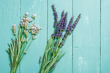 pink and purple lavender flowers on blue wood table background