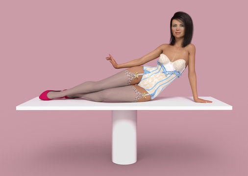 Attraktive Frau posiert liegend auf einem Tisch