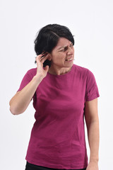  woman with pain on ear on white background