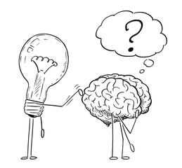 Cartoon stick figure drawing conceptual illustration of lightbulb or light bulb character tapping on back of thinking brain. Business concept of creativity and idea.