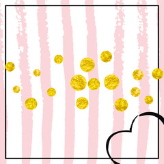 Wedding glitter confetti with dots on pink stripes. Falling sequins with glossy sparkles. Template with gold wedding glitter for party invitation, event banner, flyer, birthday card.