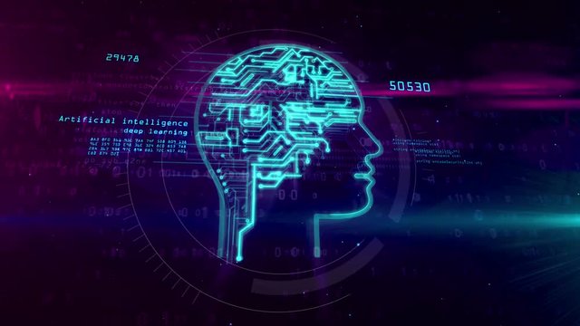 Artificial intelligence head shape hologram on digital background. Deep learning, AI and cybernetic brain abstract concept animation.
