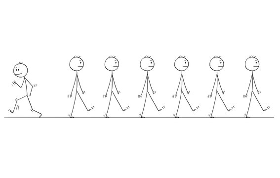 Cartoon Stick Figure Drawing Conceptual Illustration Of Man Or Businessman Individuality Standing Out Of Crowd Or Group Of Same Uniform Business People Walking Same Direction.