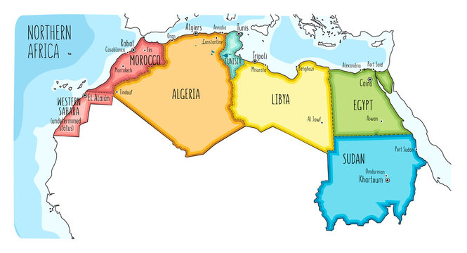 Colorful hand drawn political map of Northern Africa with English labeling.