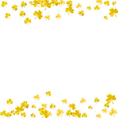 Saint patricks day background with shamrock. Lucky trefoil confetti. Glitter frame of clover leaves. Template for poster, gift certificate, banner. Decorative saint patricks day backdrop.