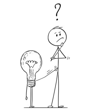 Cartoon stick figure drawing conceptual illustration of man or businessman thinking about problem or strategy. Lightbulb or light bulb is tapping on him to offer solution.