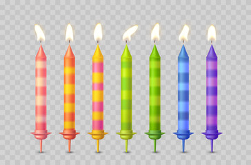 Candles with burning fire flame for birthday cake isolated on transparent background. Vector 3D realistic color candlelight elements set design.