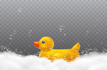Duck with foam effect isolated on transparent background. Yellow bath toy and soap, gel or shampoo bubbles in water. Vector 3d float bathtub element template.