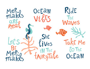 Mermaid party hand drawn blue lettering set. Positive quote cliparts