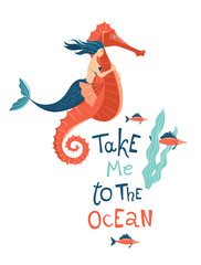 Mermaid riding sea horse. Handdrawn qiote lettering. Marine mythical creature © svsunny