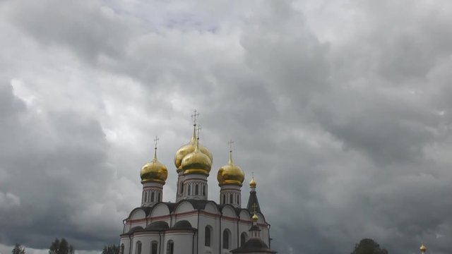 Valdai Iversky Svyatoozersky Virgin Monastery for Men. Selvitsky Island, Valdai Lake. Iversky Cathedral. Time lapse