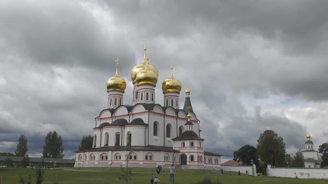 Valdai Iversky Svyatoozersky Virgin Monastery for Men. Selvitsky Island, Valdai Lake. Iversky Cathedral. Time lapse