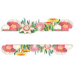 Watercolor template with mushrooms on white background.