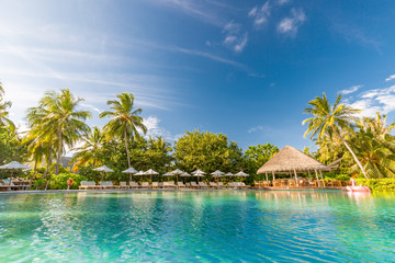 Luxurious poolside with loungers and umbrellas under palm trees and blue sky. Perfect summer beach vacation and holiday, tropical beach resort concept